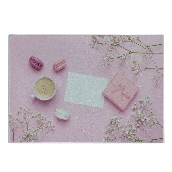 Colorful Cutting Board, A Cup of Coffee Image Along Macaroons Packaged Gift and Flowers on Table, Decorative Tempered Glass Cutting and Serving Board, in 3 Sizes, by Ambesonne