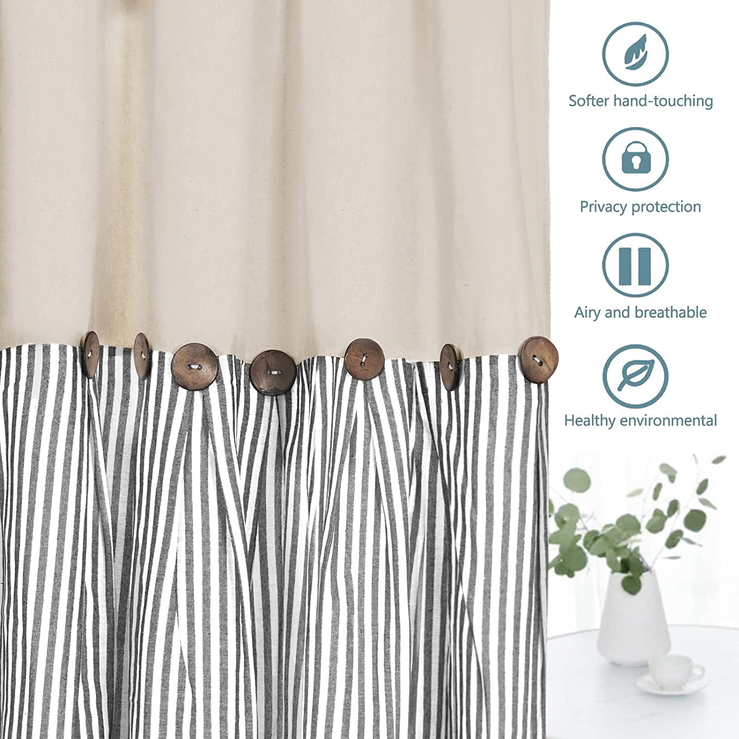 Alishomtll Farmhouse Curtains Natural Grey Stripe Cotton Linen Button Boho Rustic Rod Pocket Back Tab Window Drapes for Living Room ,52 x 84 Inch, 2 Panels