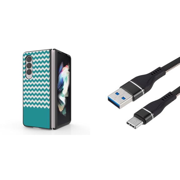 Accessory Bundle for Galaxy Z Fold 4: Slim Snap-On Case (Teal Chevron), Nylon Braided USB-C to USB-A Cable (3 Feet)