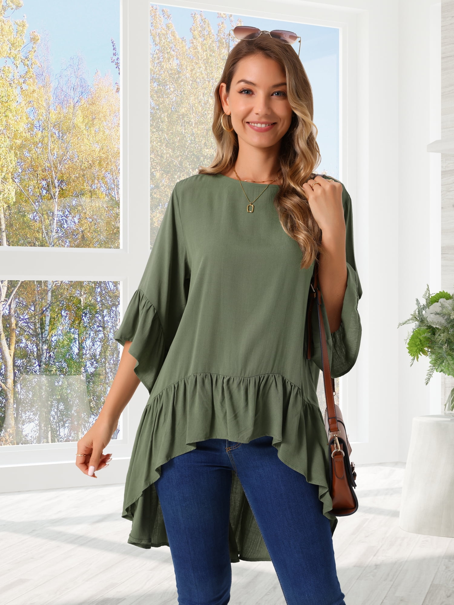 DARING DIVA Women's High Low Tops Bell Sleeve Crewneck Ruffle Blouse 2XL Army Green