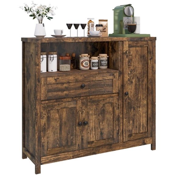 Retro Farmhouse Kitchen Pantry Cabinet With 1 Drawer, 3 Doors & Open Shelf