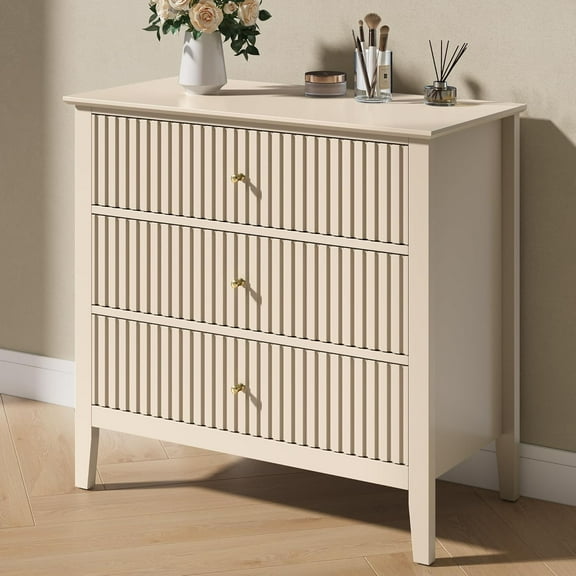 RoyalCraft Beige Fluted 3 Drawer Dresser, 32 inch Wide Dresser Nightstand for Bedroom, Modern Wood Chest of Drawers, Large Painted Nightstand with 3 Drawers for Closet, Hallway, Entryway