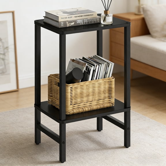 LELELINKY 2-Tier Side Table, Tall Nightstand for Adult Living Room, Bedroom, Office, Black