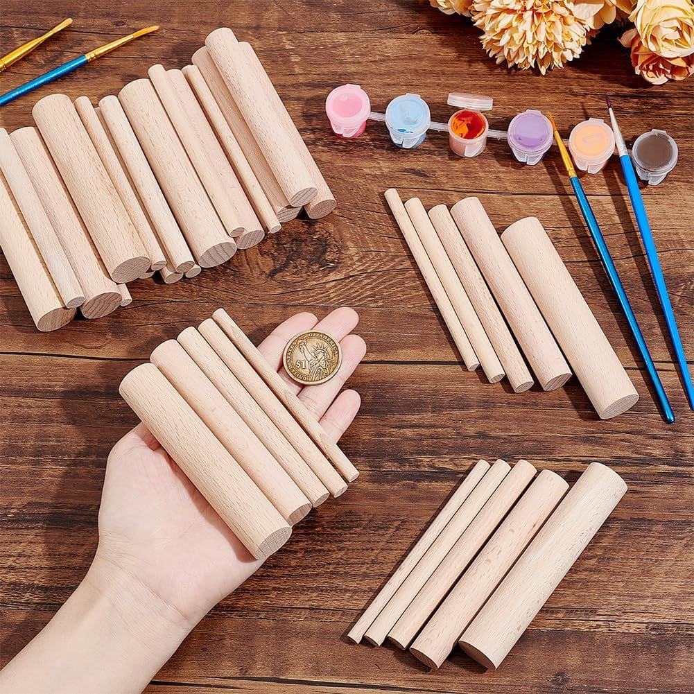50 Pcs 5 Sizes Wooden Small Cylinder 3.94x0.24-0.79 Inch Unfinished Beech Wood Craft Sticks for DIY Crafts Painting Home and Garden Decoration Bisque