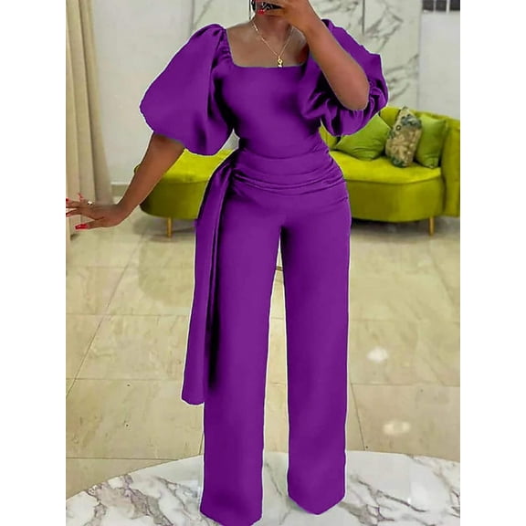 Annalise Puff Sleeve Flared Jumpsuit Purple| Blue