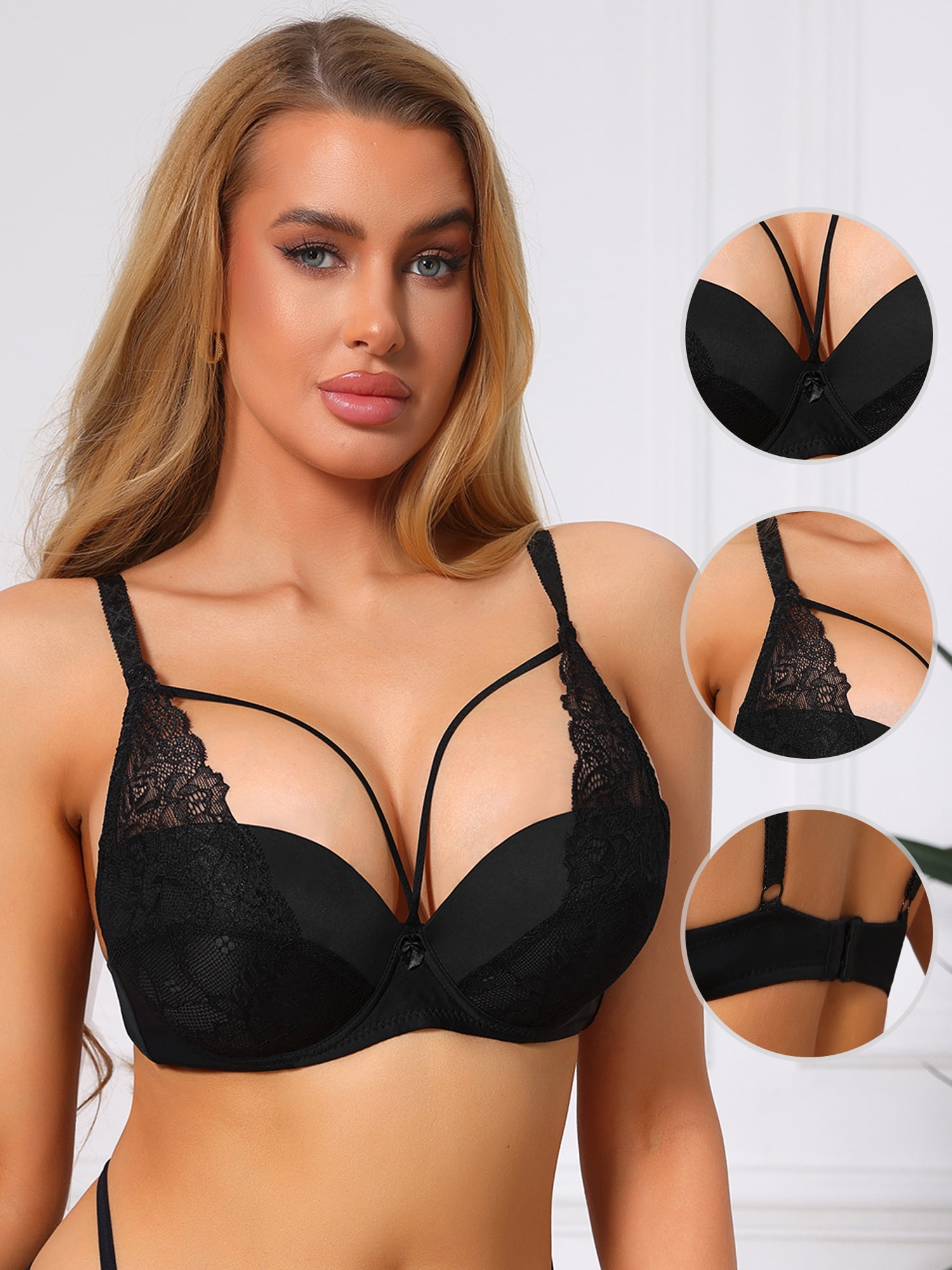 DARING DIVA Women's French Lace Bra Full Coverage Push Up Minimizer B 40 Black