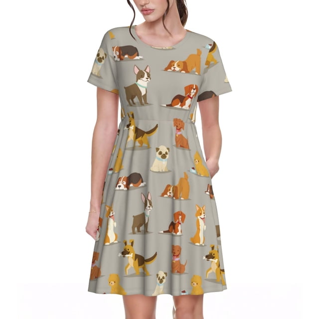 Balery Cute Dog Vestidos sueltos de manga corta para mujer, vestidos de verano 2025, vestidos casuales de corte A con vuelo.