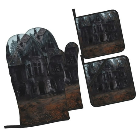 

Zeuib Gloomy Mansion Forest Scene Oven Mitts and Potholders BBQ Gloves Kitchen Oven Glove High Heat Resistant 500 Degree Extra Long Oven Mitts and Potholder with Non-Slip Silicone Surface for Cooking