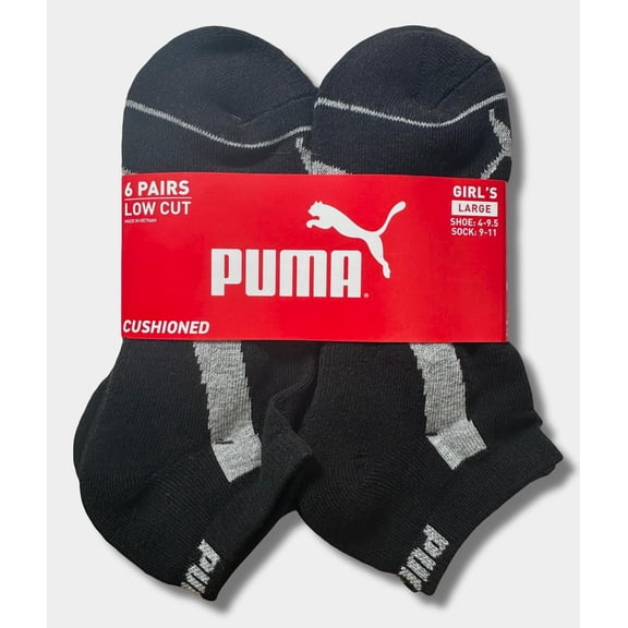 PUMA SOCKS GIRLS X6 - LOW CUT 243 - PIPE BLACK GREY - LARGE 6 PACK SHOE 9-11