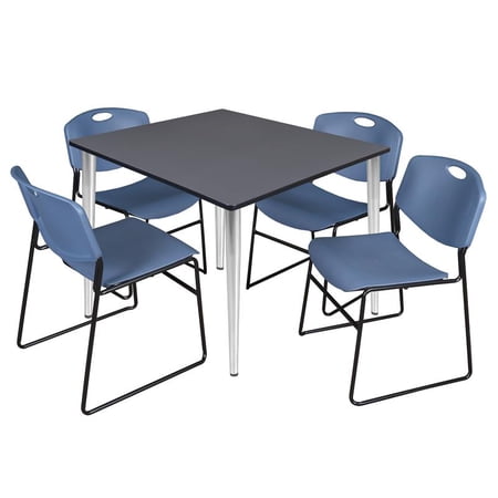 48 Square Breakroom Table- Grey Top- Chrome Base & 4 Zeng Stack Chairs- Blue