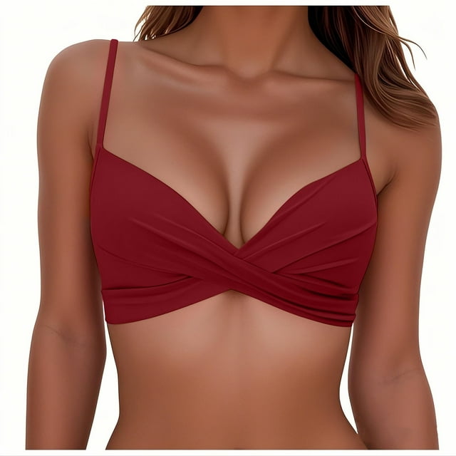 Bikini Top for Women with Underwire Support and Removable Pads, Ribbed Texture, Solid Rose Red Color, Size L, for Beach or Pool Use