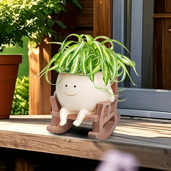 Whimsical Smiling Face Planter with Rocking Chair - Pastel/Beige Pot with Drainage Hole for Succulents, Indoor/Outdoor Housewarming Gift