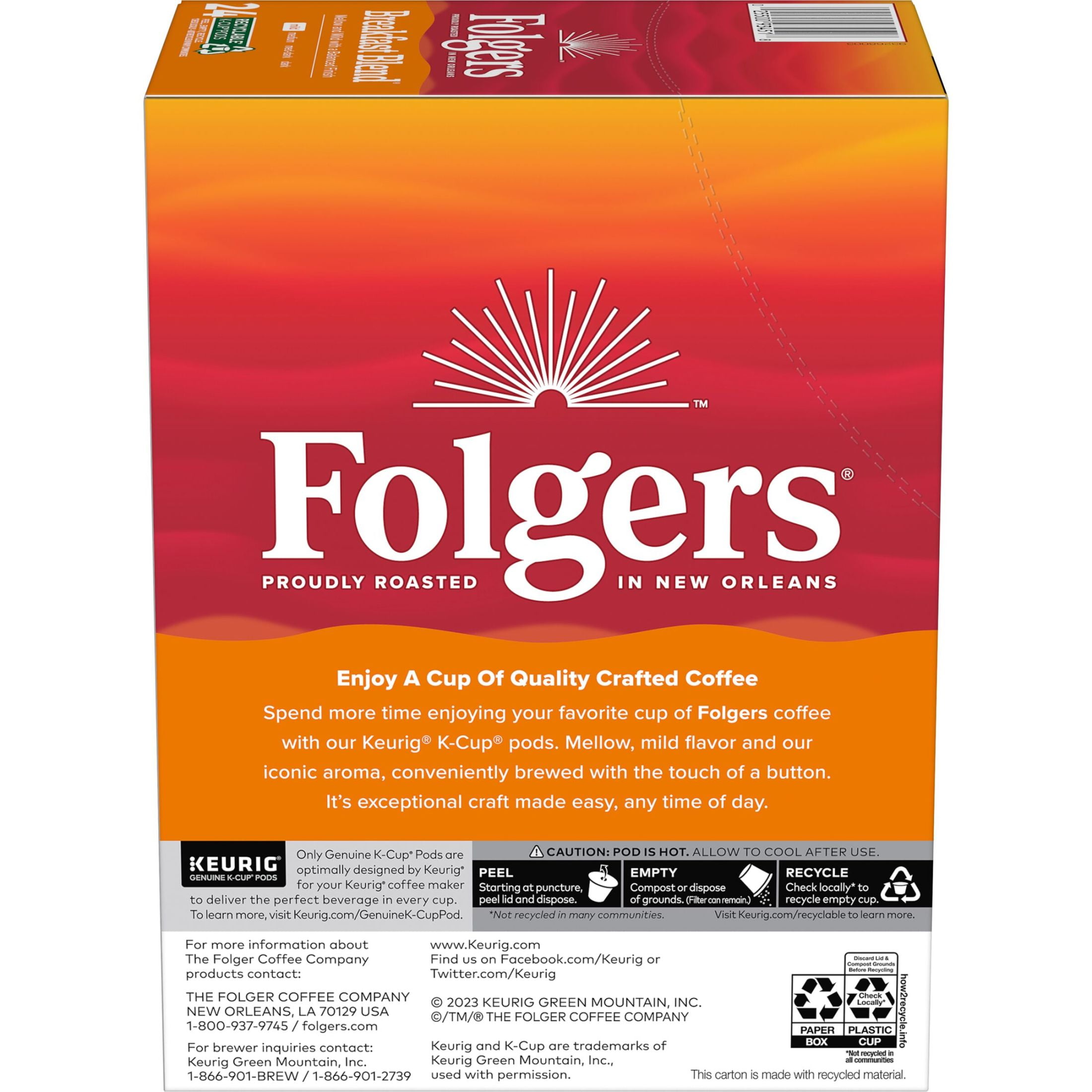 (4 pack) Folgers Breakfast Blend, Mild Roast Coffee, Keurig K Cup Pods, 24 Count Box