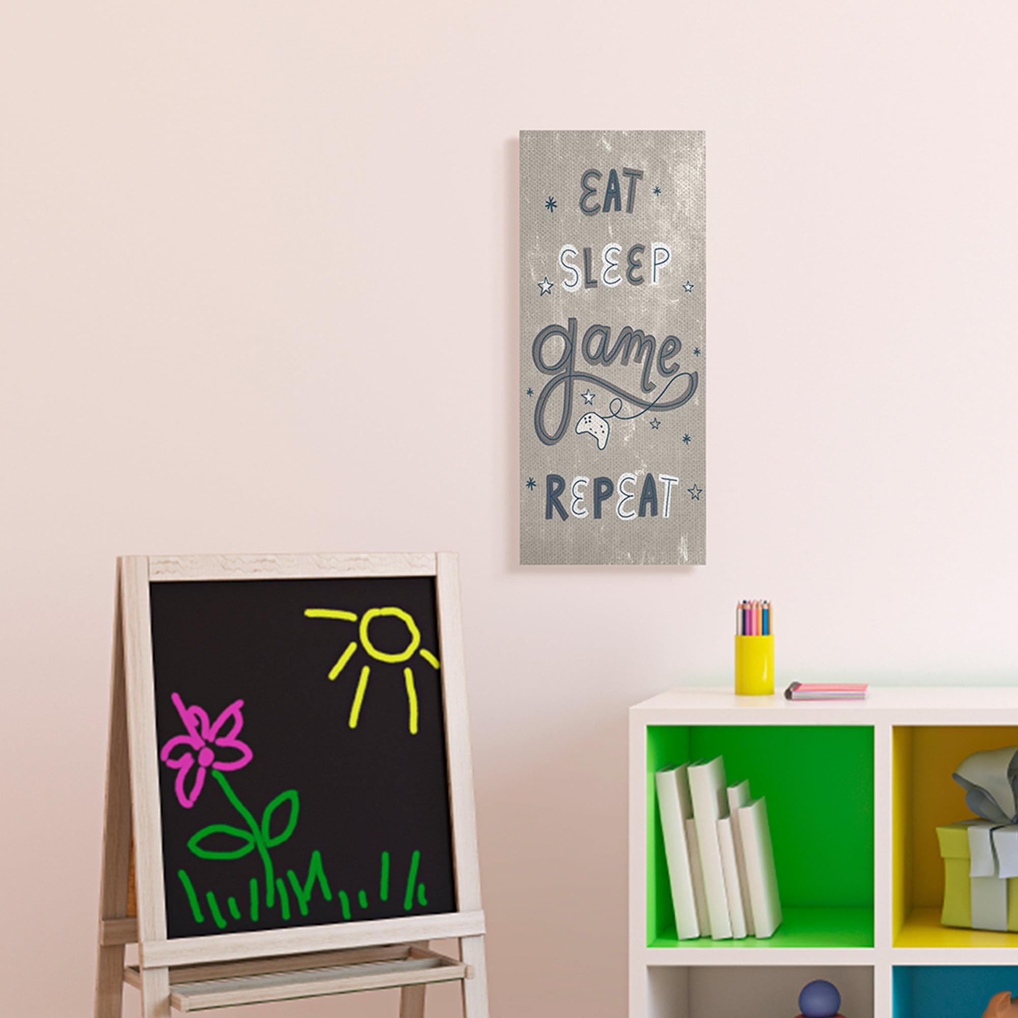 Stupell Industries Whimsical Eat Sleep Game Repeat Blue Brown Stars Canvas Wall Art by Daphne Polselli