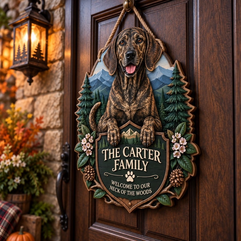 Door Hanger, Plott Hound Mountain Forest Personalized Welcome Sign for ...