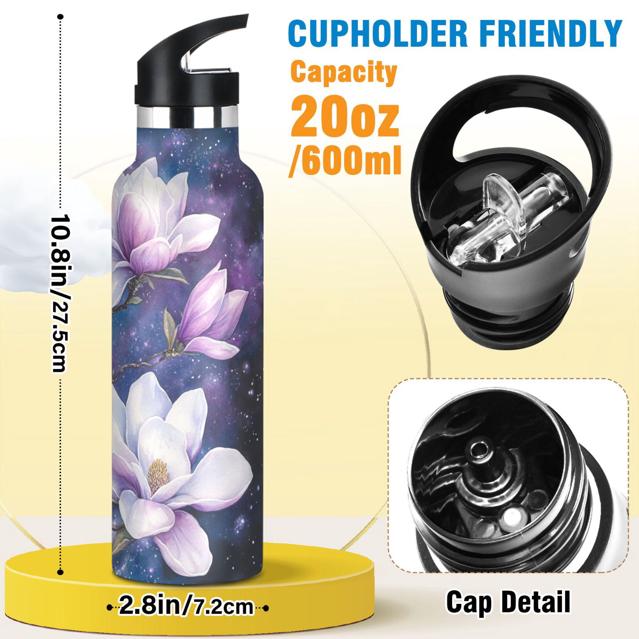 Kids Insulated Stainless Steel Sports Water Bottle 600ml (20oz) Purple Magnolia Flowers