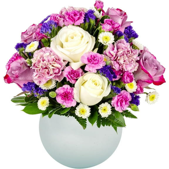Rejuvenate by Arabella Bouquets with Free Hand-Blown Glass Vase (Fresh-Cut Roses, Purple, White)