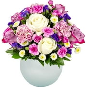 Rejuvenate by Arabella Bouquets with Free Hand-Blown Glass Vase (Fresh-Cut Roses, Purple, White)