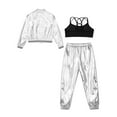 thumbnail image 4 of TiaoBug Kids Girls Shiny Metallic Bomber Jacket Coat Sports Pants Hip Hop Jazz Dance Crop Top Silver 8, 4 of 6