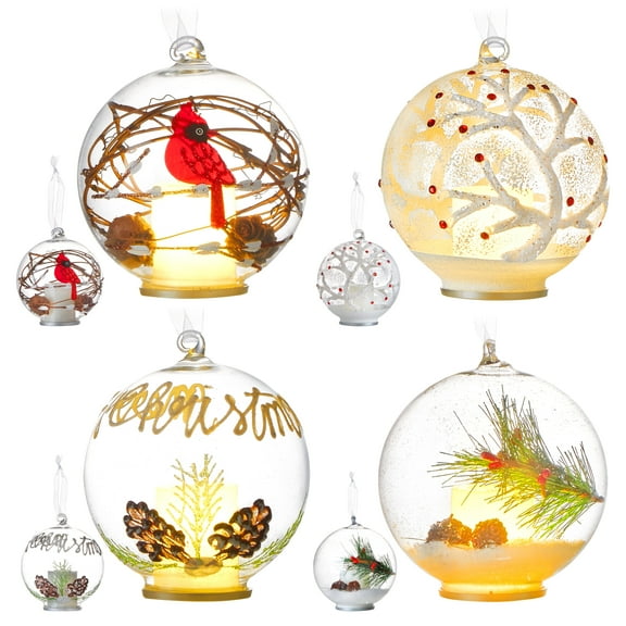 Cardinal & Branches LED Glass Ball Christmas Tree Ornaments (Set of 4),Lighted Christmas Ornaments Red Bird Glass Christmas Tree Decorations for Home Party Hanging Decoration, 4 inch