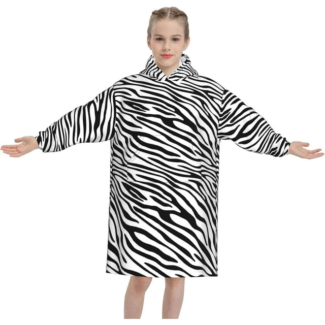 Basic Zebra Oversized Kids Wearable Blanket Hoodie, Flannel Pullover Blanket, Blanket Sweatshirt
