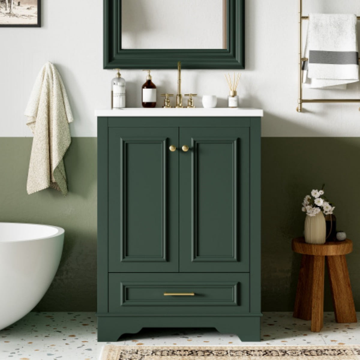 24" Bathroom Vanity with Ceramic Sink, Freestanding Bathroom Cabinet with Storage, Soft Close Doors, Adjustable Shelf, Silver Handles, Green