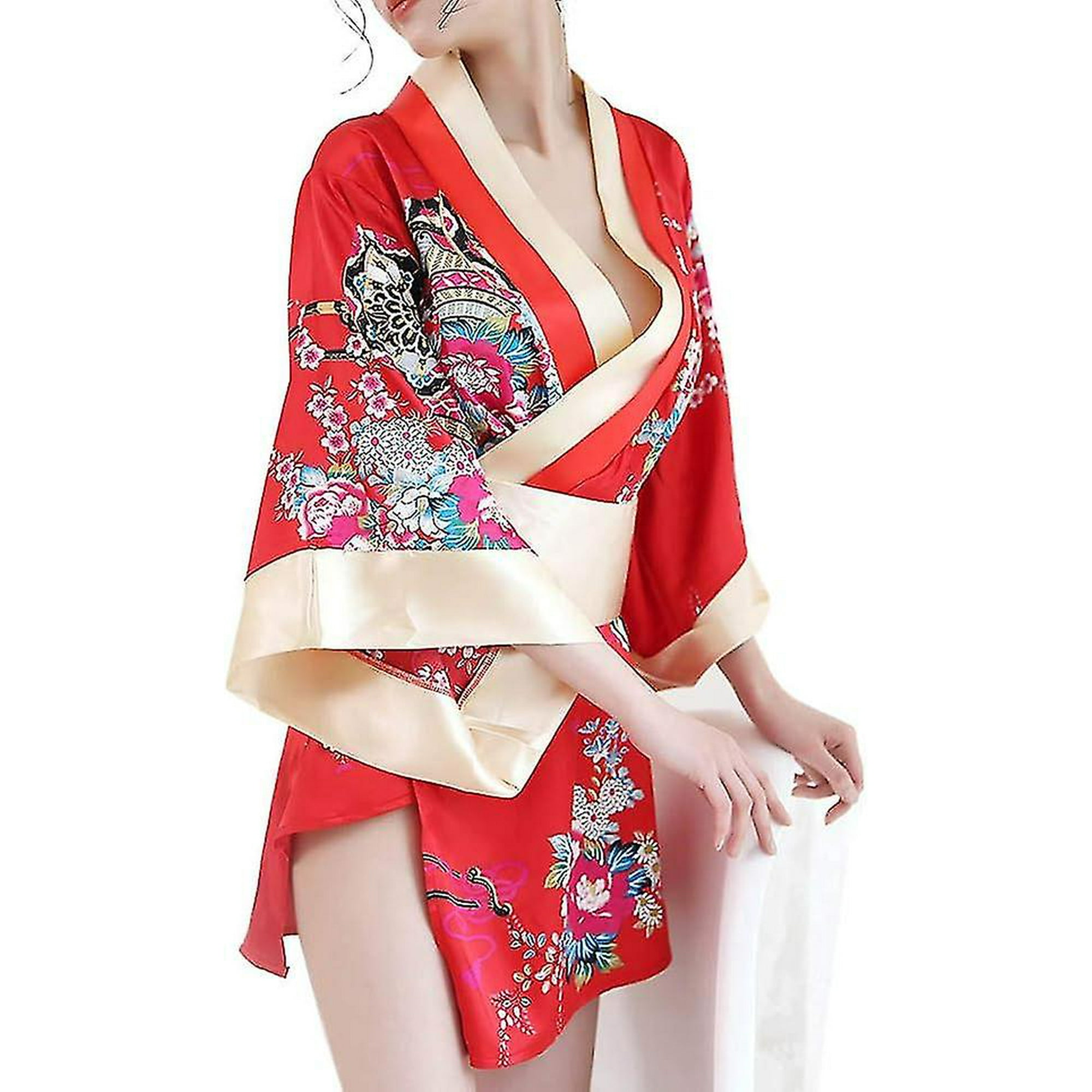 Women s Sexy Kimono Lingerie Pink Blossom Pattern Mini Kimono Dress Nightgown Bathrobe Short Yukata With Obi Belt Walmart