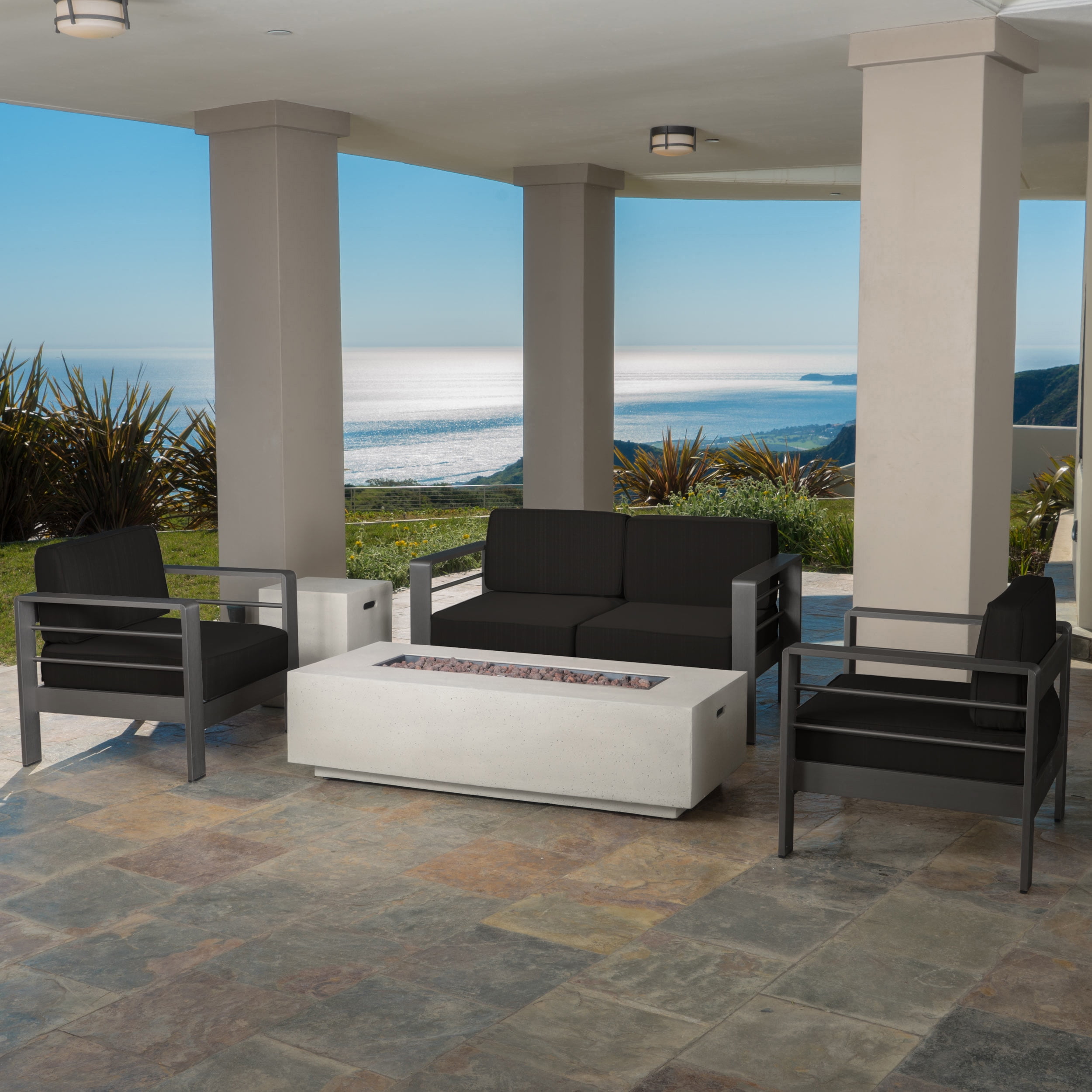 Bridget Outdoor 5 Piece Aluminum Sofa Chat Set with Cushions and Rectangular Fire Table, Grey, Light Grey