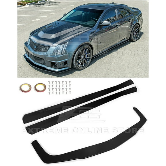 Replacement For 2009-2015 Cadillac CTS-V Sedan & Wagon Models | Black Moon Style Front Bumper Lip Splitter & Side Skirts Rocker Panel Pair (ABS Plastic - Painted Glossy Black)
