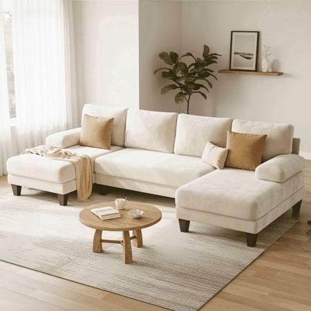 112" U-Shaped Chenille Sectional Sofa with Double Chaise Loungers - Sectional Couches Modular Design for Living Rooms and Apartments - Beige