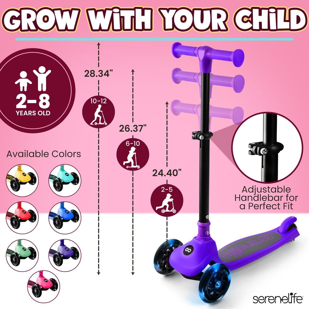 3-Wheel Foldable Kids Scooter - Child Toy Scooter with Built-in LED Wheel Lights, and Easy Maneuvering Lean-to-Steer Technology (Purple)