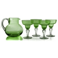 Artland Iris Seeded Sage 5 Piece Hand Blown Glass 2.8 Quart Pitcher and Margarita Glass Set by Artland