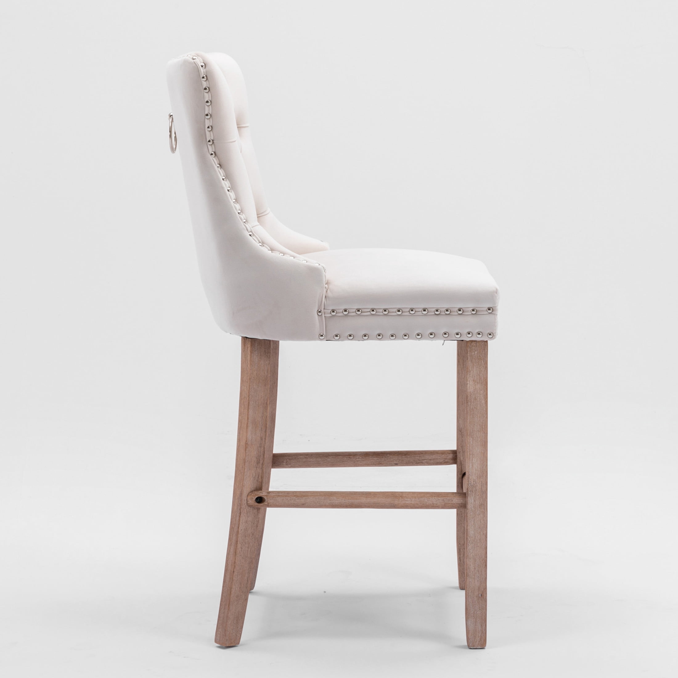 Button Tufted Upholstered Velvet Bar Stools with High Backrest, Solid Wood Legs, and Rivet Detailing, Beige, Set of 2
