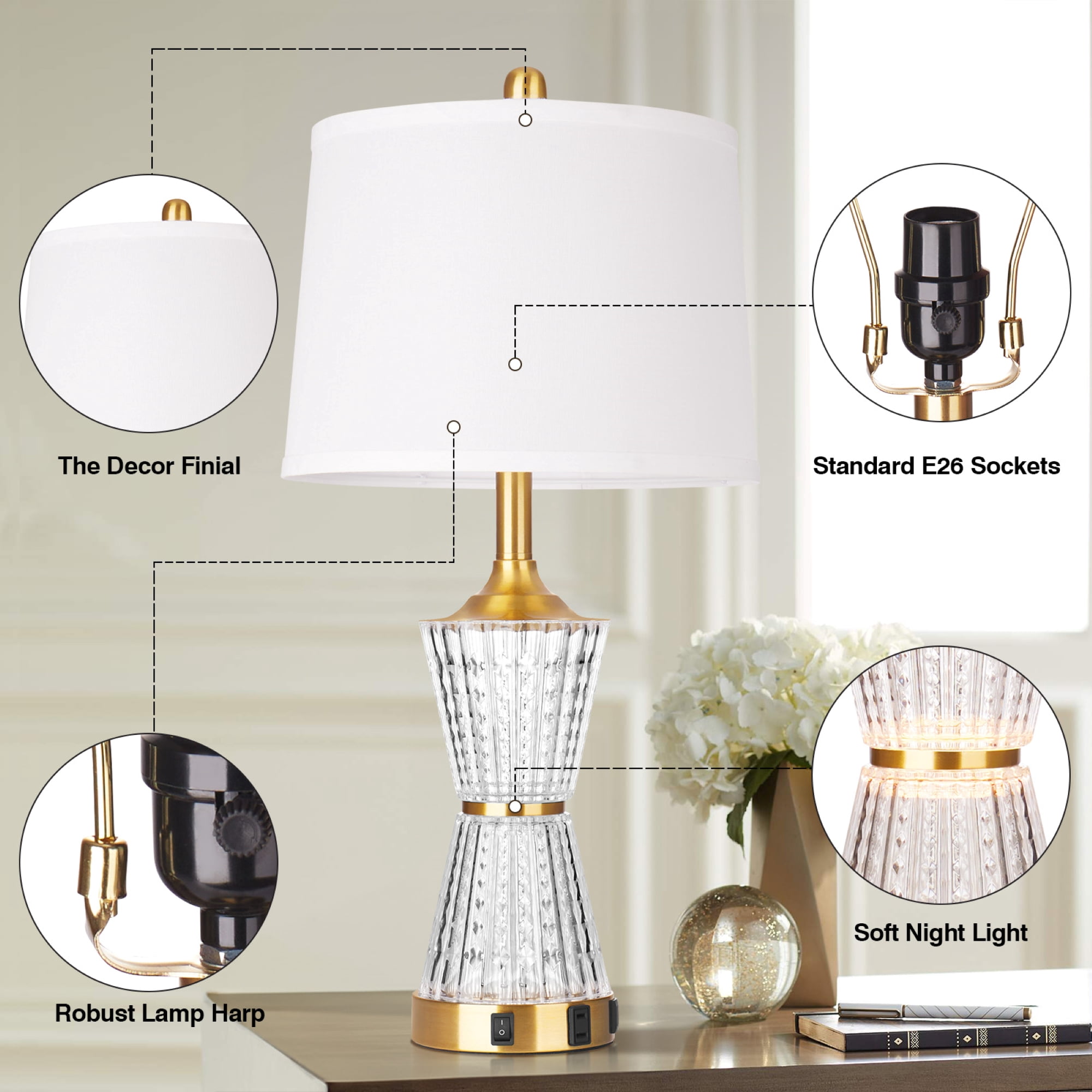 Cinkeda Gold Acrylic Night-light Table Lamp 2in1 with 2 USB Charging Ports An AC Outlet Rotary Switch & Rocker Switch (Set of 2)
