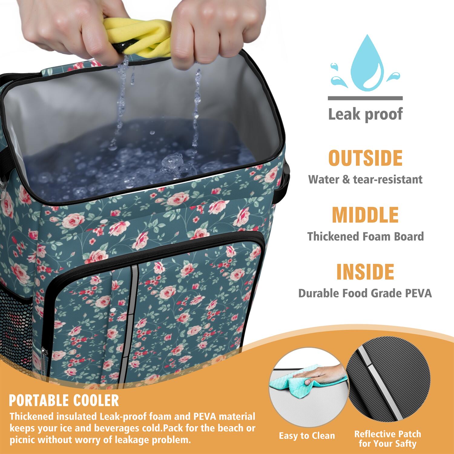 Travel Cooler Bag - Pioneer Flower Floral Print Pattern Camping Beer Cooler Backpack with Bottle Opener- Waterproof Insulated Picnic Backpacks - Cooler Bag for Beach