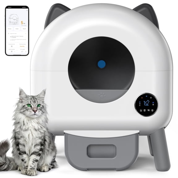 Automatic Cat Litter Box Self Cleaning Electric Litter Box with App Control Triple Safety Protection Removable Washable Liner for Multiple Cats White Dark Gray