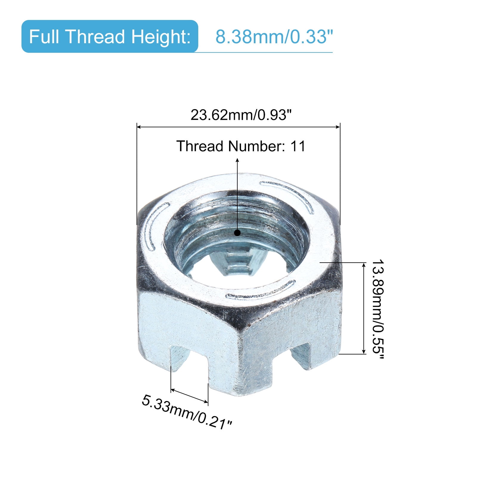 5/8"-11 Hexagon Slotted Nut, Grade 6.8 Carbon Steel Hex Nuts, Silver, 12Pack