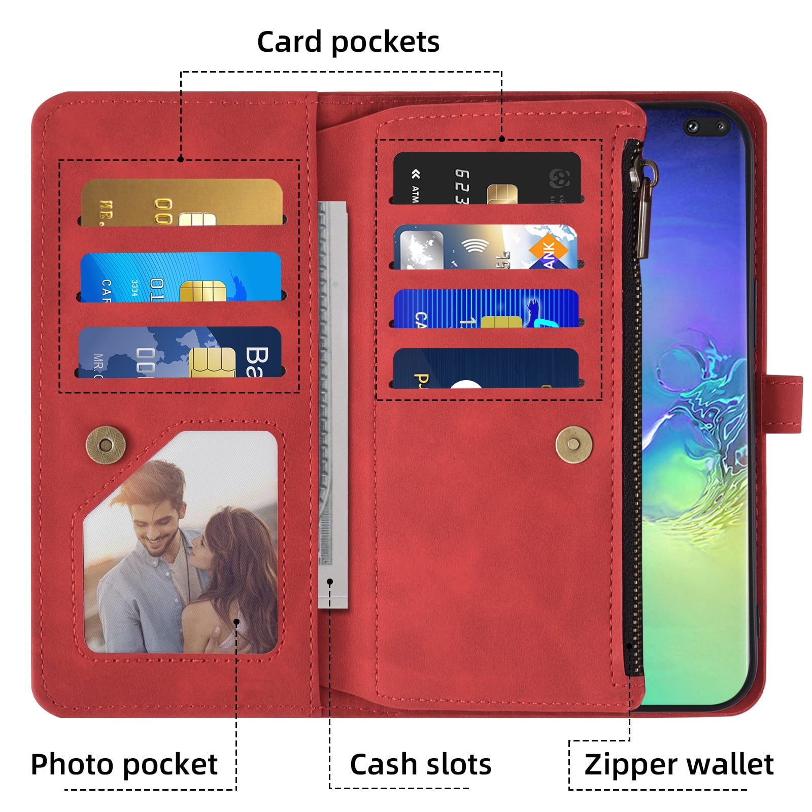 Asuwish Phone Case for Samsung Galaxy S10 Plus Wallet Cover With Tempered Glass Screen Protector Crossbody Wrist Strap Flip Pattern Zipper Card Holder Cell S10+ S10plus 10S Edge S 10 10plus Women Red
