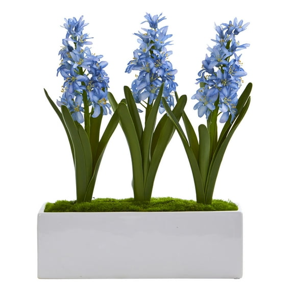 Nearly Natural Hyacinth Artificial Flower Arrangement in White Vase, Blue