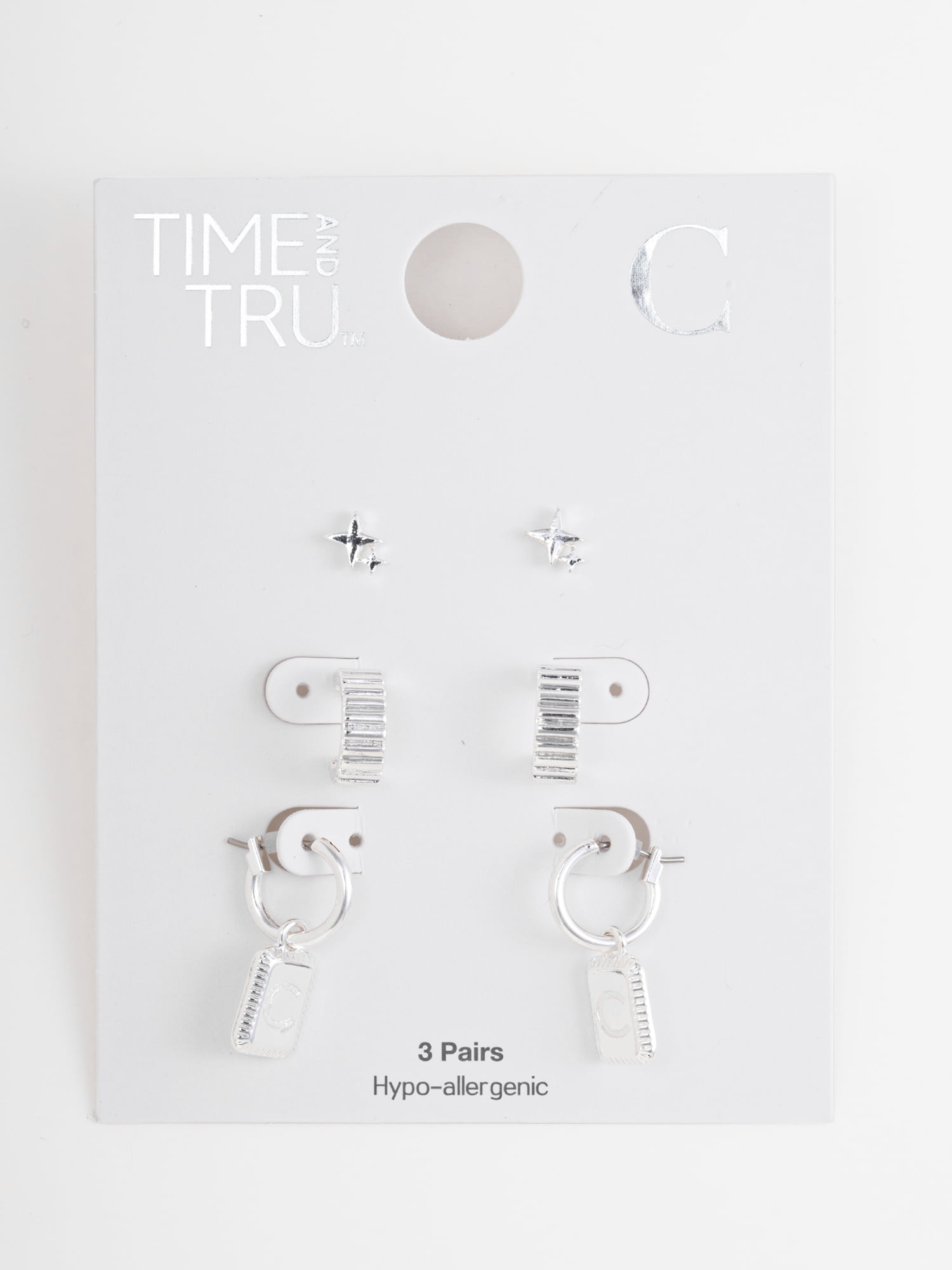 Time and Tru Women's Silvertone Multi Earring Set, 3 Pairs, Initial C