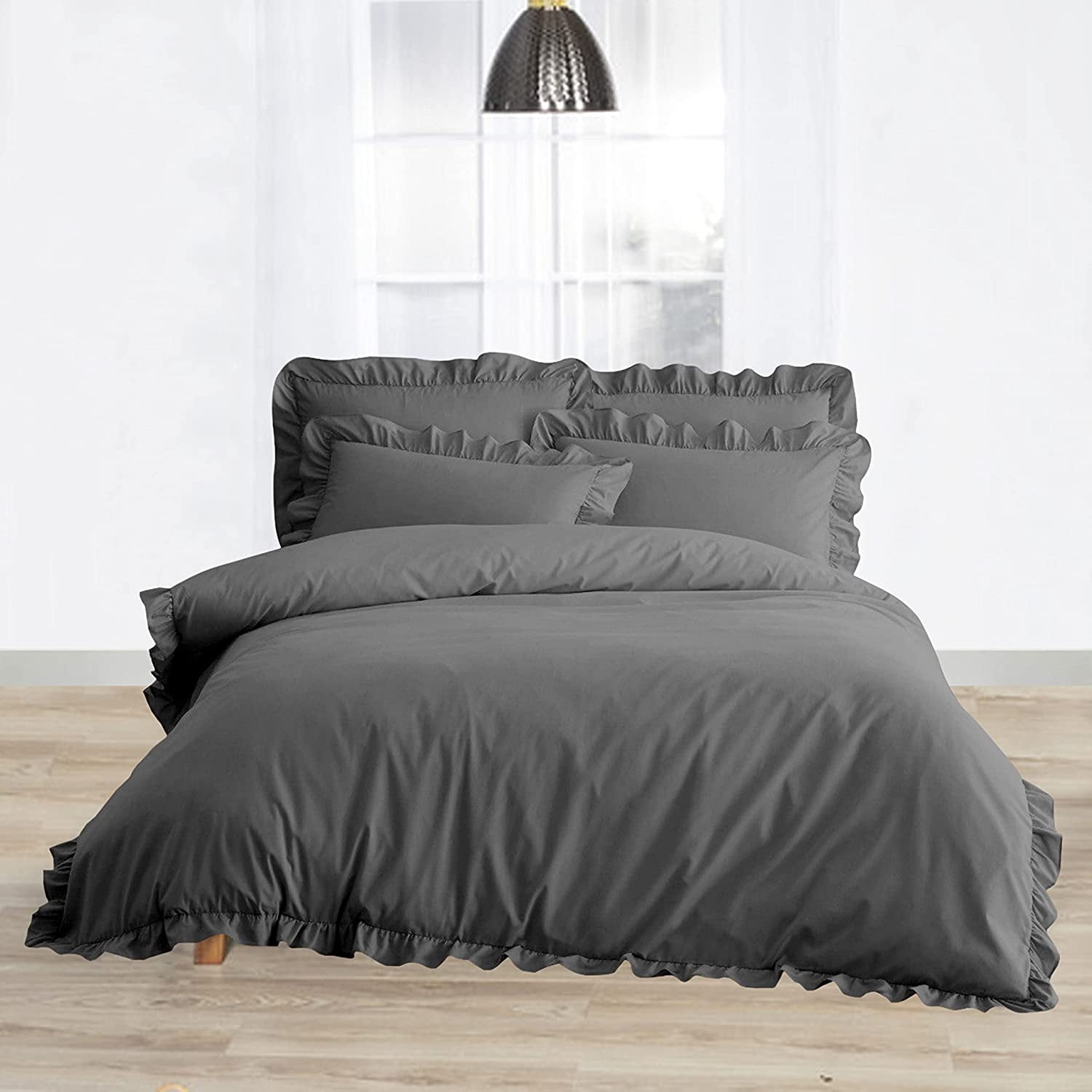 Delara Organic Cotton Duvet Set, 300 Thread Count, GOTS Certified, 3-Piece Ruffled Duvet cover with 2 Shams
