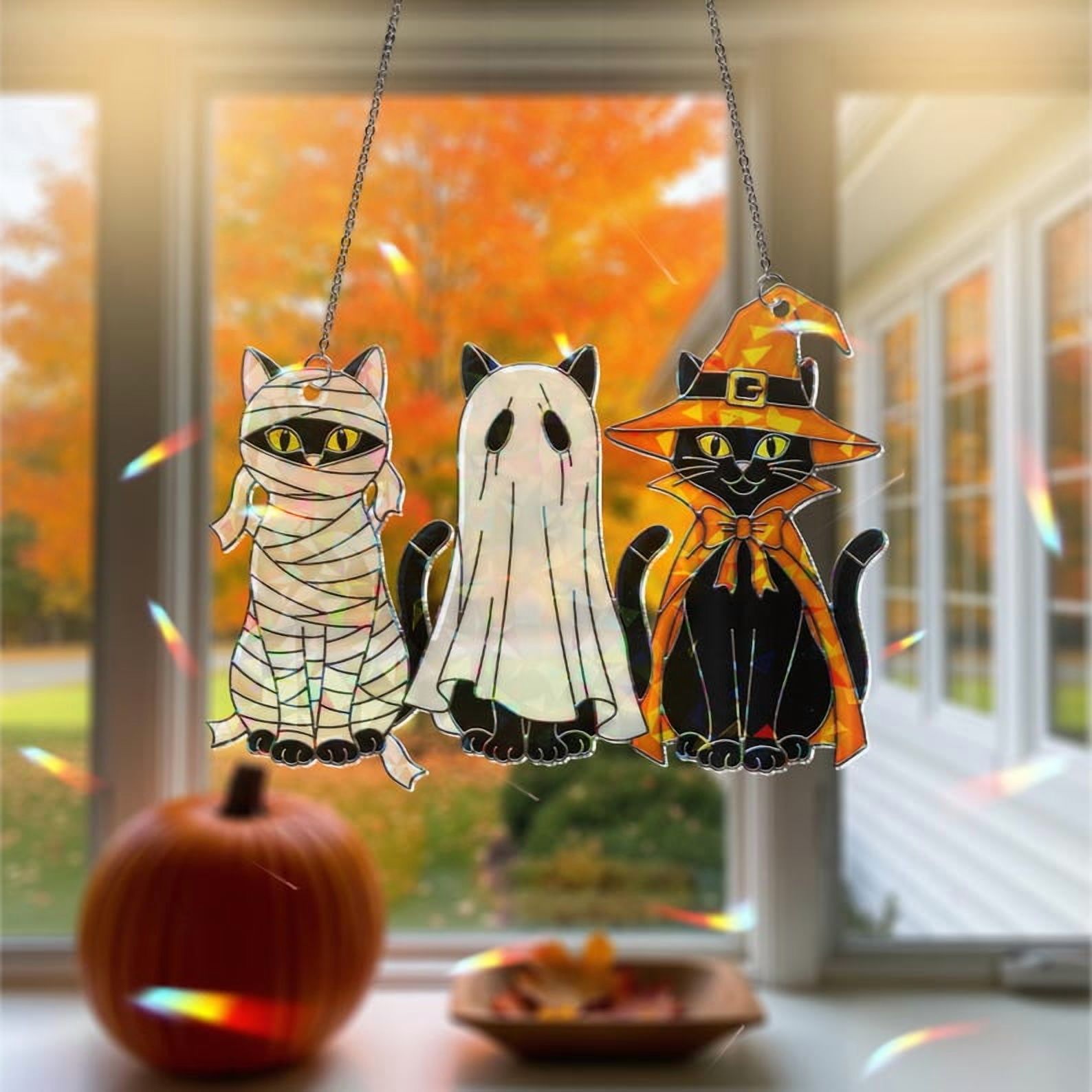 ViciArt Halloween Cat Trio Suncatcher – 9" Holographic Acrylic Window Hanging, Black Cat Decor Set