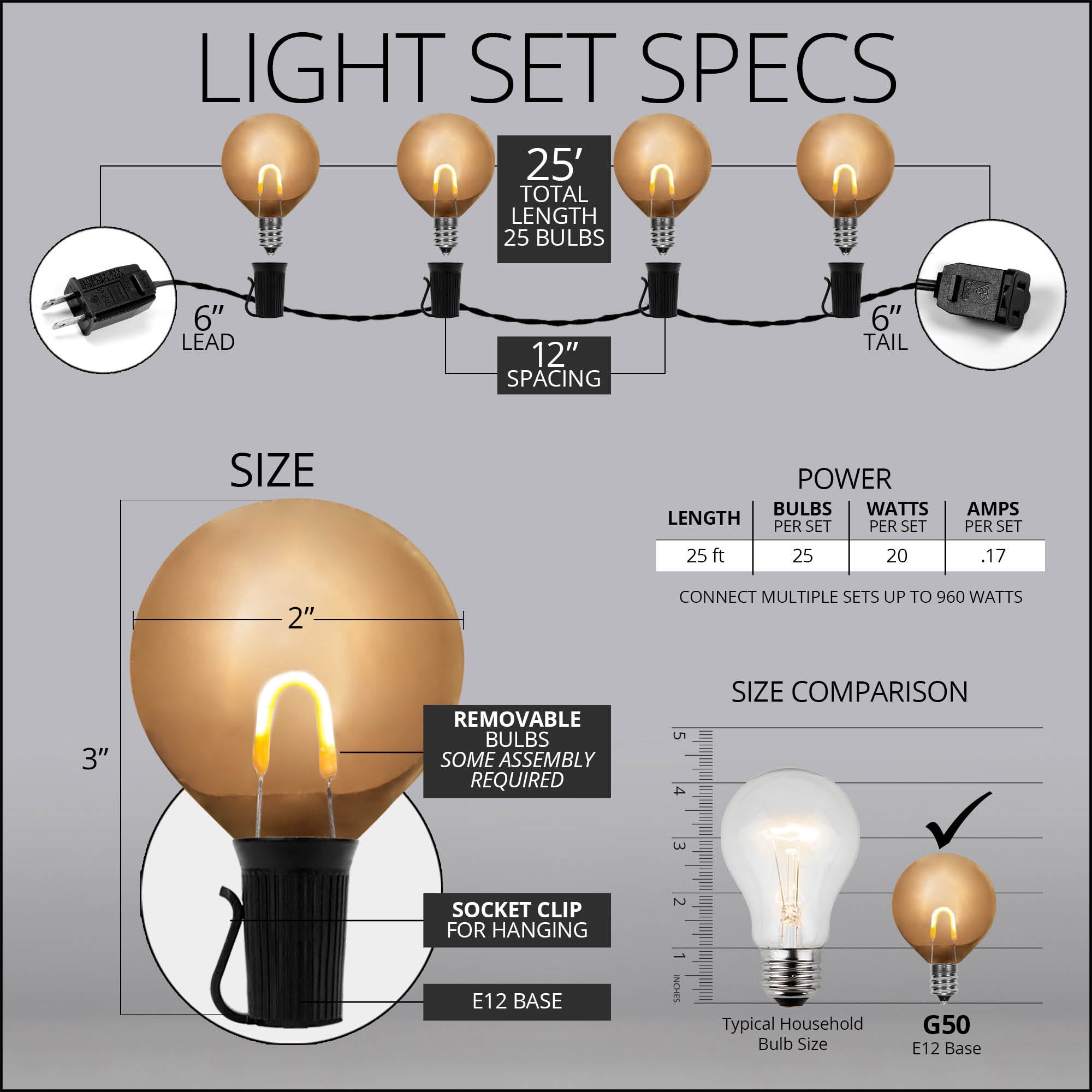 Wintergreen Lighting FlexFilament Edison Bulb Shatterproof G50 Patio String Lights, 25 ft, 25 Lights