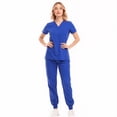 thumbnail image 5 of Xfvqtps Scrub Set for Women Solid Color V-Neck Stretch Scrub Top Elastic Waist Jogger Scrub Pants with Pocket Short Sleeve Working Nursing Uniforms Set Blue, 5 of 10