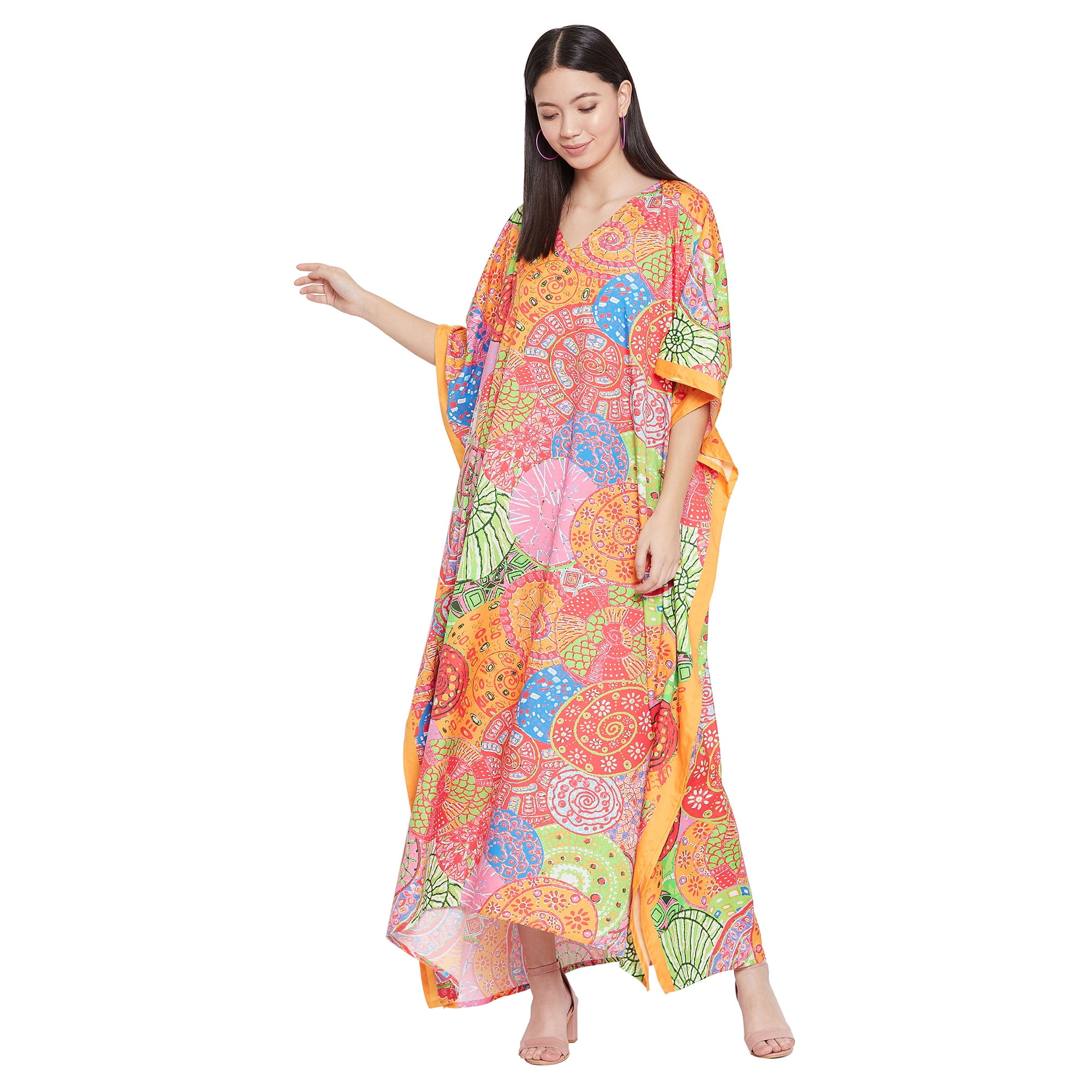 Plus Size Women's Long Kaftan Dress - V-Neck, Kimono Sleeves, Floral Boho Maxi