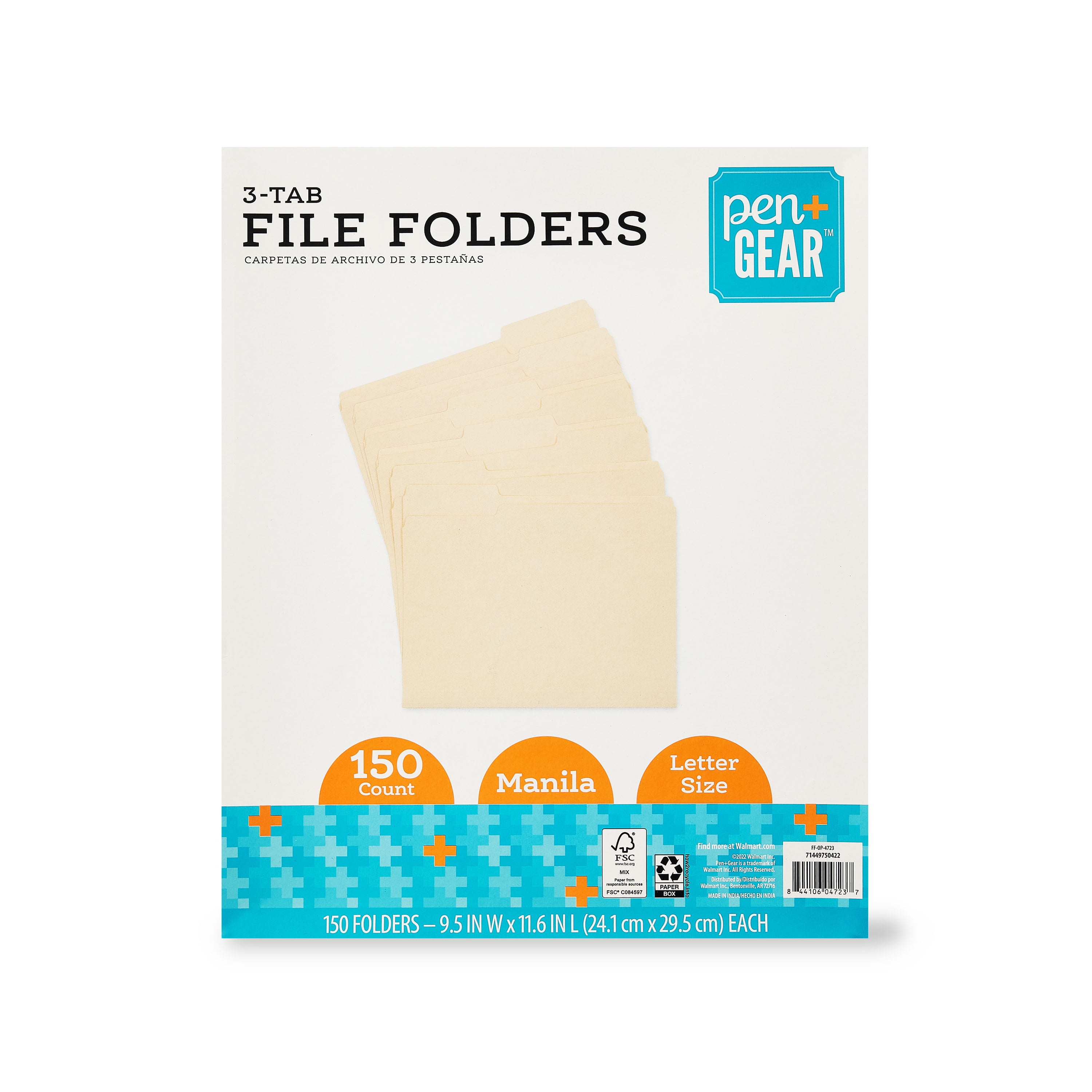 Pen + Gear File Folders,  Letter, Manila,  1/3 Cut, 150 Count