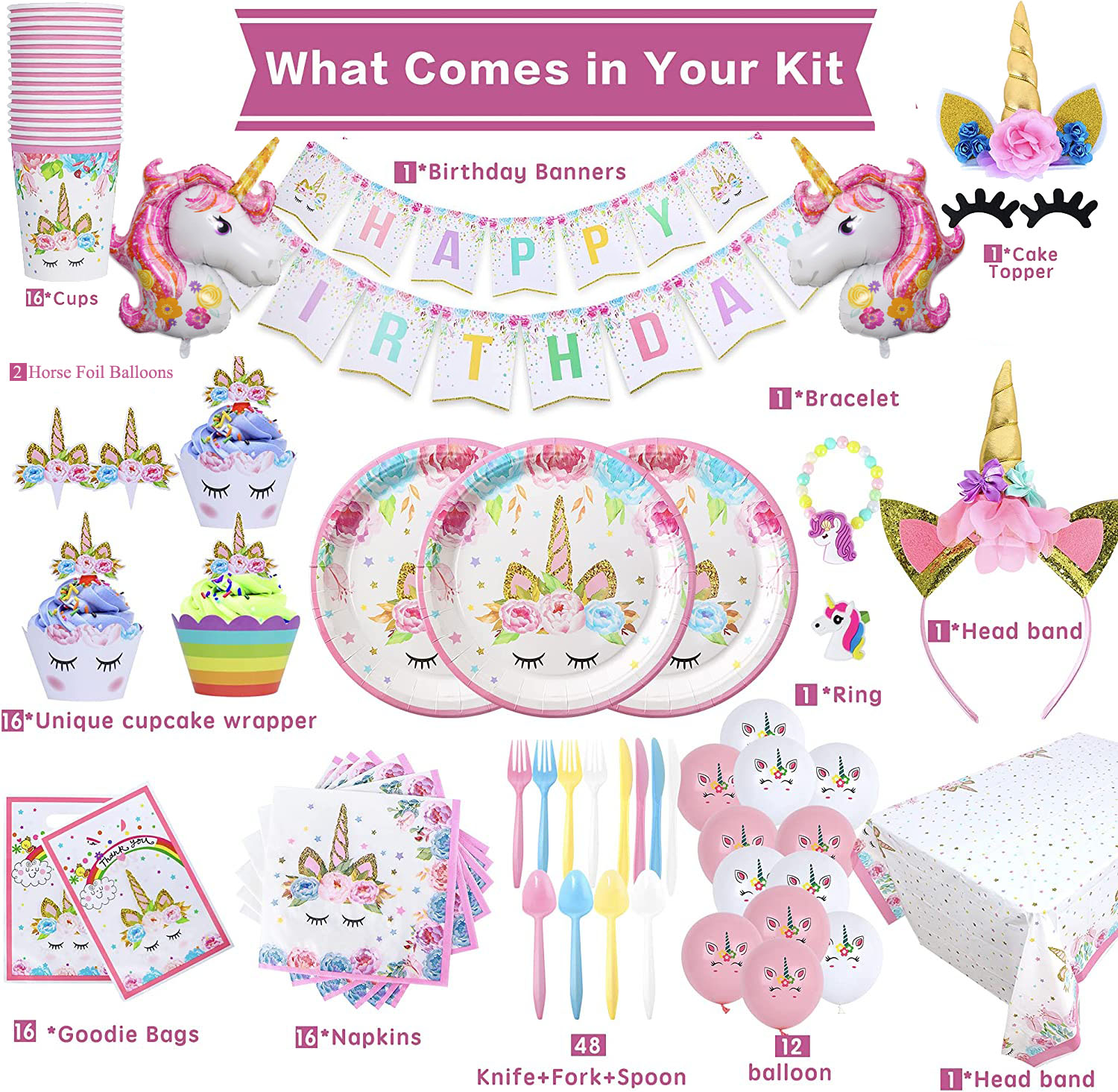 Unicorn Party Supplies and Plates for Girls Birthday - Unicorn Birthday Party Decorations Set with Goodie bags,Unicorn Ring,Unicorn Bracelet, XL Table Cloth for Creating Amazing Unicorn Theme Party - image 2 of 7