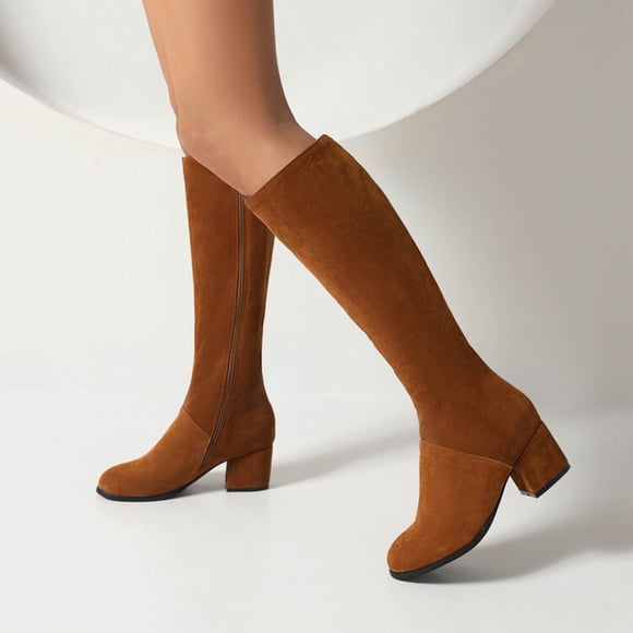 Fankiway Frosted Suede Boots for Women Thick Heel Side Zipper Boots Fall Winter Fashion Trendy Mid Calf Comfortable Brown