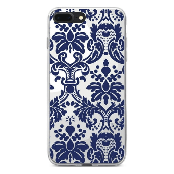 DistinctInk Clear Shockproof Hybrid Case for iPhone 7 PLUS / 8 PLUS (5.5" Screen) - TPU Bumper, Acrylic Back, Tempered Glass Screen Protector - Blue Grey Damask
