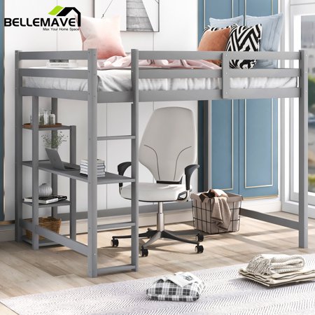 BELLEMAVE Full Size Loft Bed with Desk and Shelf, Kids Full Loft Bed with Ladder and Guardrail, Wood Loft Bed for Kids, Teens, Dorm(Gray)